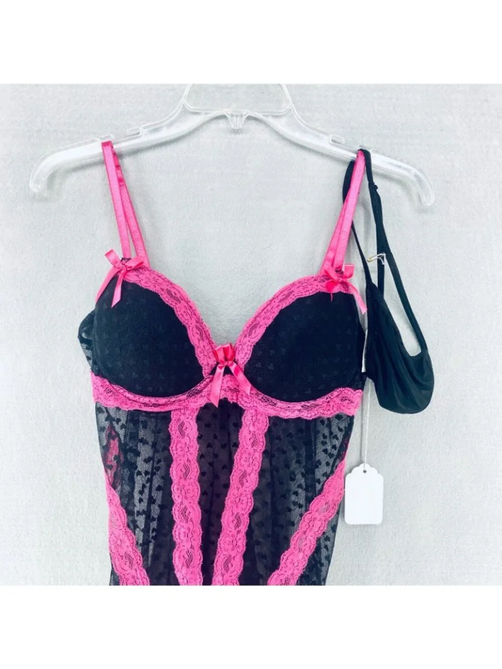 Womens Babydoll Lingerie Set Small Pink Black Lace Cut Out Front Bra Top 90s y2k